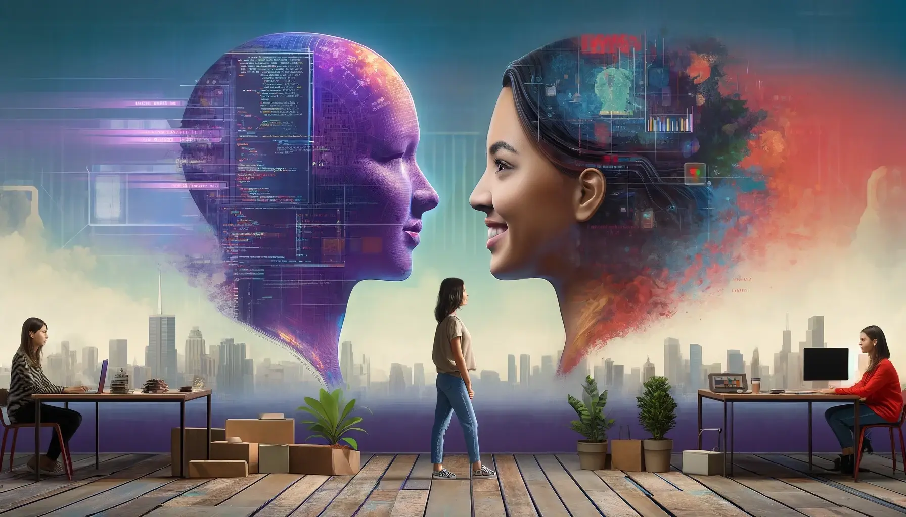 An abstract, landscape-mode image showing two large heads facing each other from the side. The head on the left is composed of code, data, and AI elements, symbolizing artificial intelligence. The head on the right depicts a journalist.