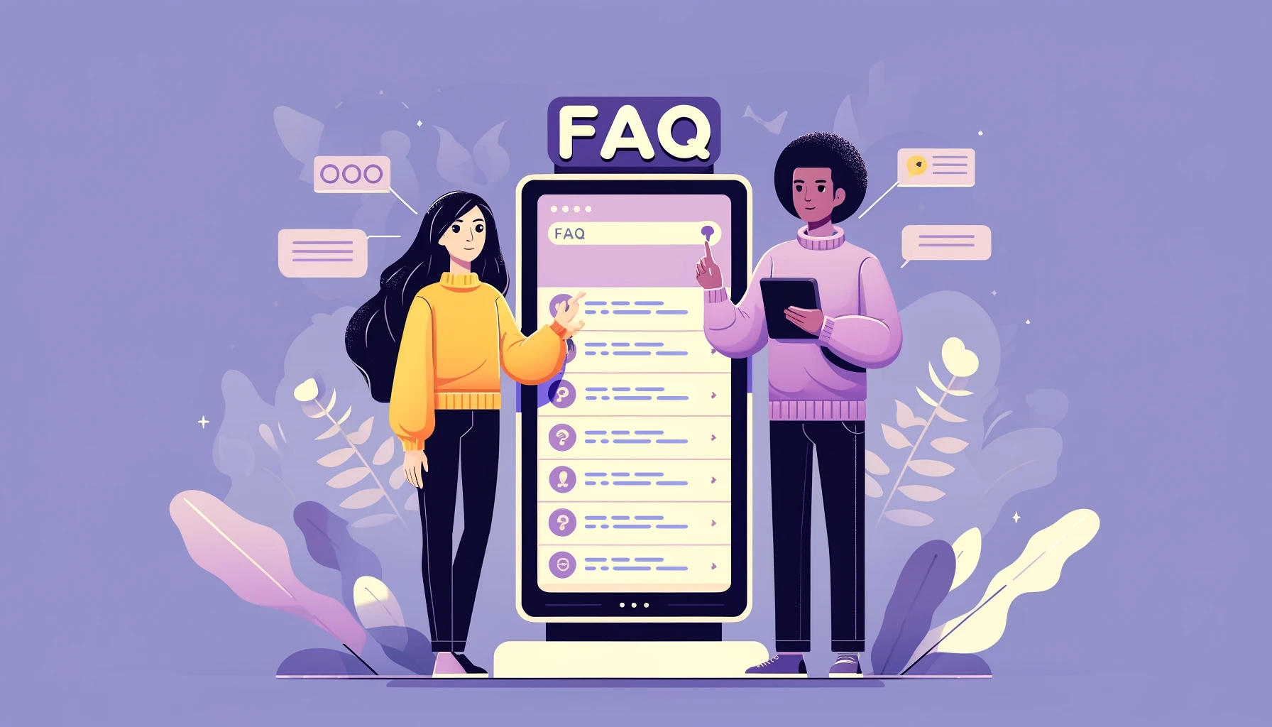 An illustration of two characters interacting with digital FAQ displays in a modern, tech-savvy environment, set against a soft purple background with abstract plant decorations.